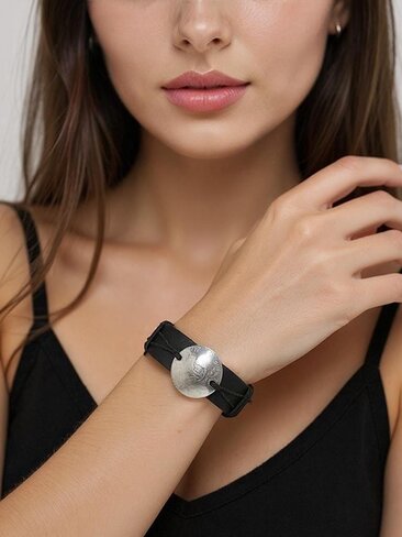 Handcrafted Coin Bracelet from Guatemala - Adjustable Black Leather Cuff