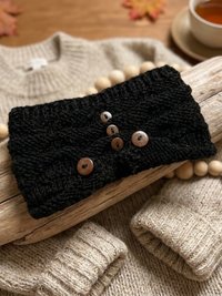 Hand-Knit Black Wool Headband with Buttons - Cozy Ear Warmer for Women