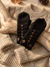 Hand-Knit Black Wool Mittens with Wooden Buttons - Convertible Fingerless Gloves
