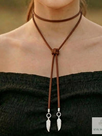 Boho Chic: Brown Suede Lariat Feather Necklace - Adjustable Length, Long Bohemian Jewelry