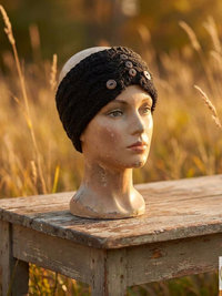 Hand-Knit Black Wool Headband with Buttons - Cozy Ear Warmer for Women