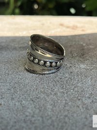Sterling Silver Wide Band Ring: Boho Dot Detail, Handmade