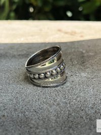 Sterling Silver Wide Band Ring: Boho Dot Detail, Handmade