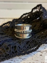 Sterling Silver Wide Band Ring: Boho Dot Detail, Handmade