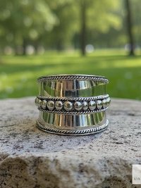 Sterling Silver Wide Band Ring: Boho Dot Detail, Handmade