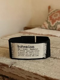 Black Suede Boho Cuff Bracelet - Cotton Fabric, Vintage Crochet, Button Closure