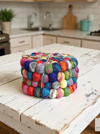 Colorful Wool Felt Ball Coaster Set - Handmade Drink Coasters, Set of 4, Eco-Friendly