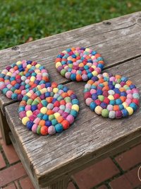 Colorful Wool Felt Ball Coaster Set - Handmade Drink Coasters, Set of 4, Eco-Friendly