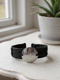 Handcrafted Coin Bracelet from Guatemala - Adjustable Black Leather Cuff