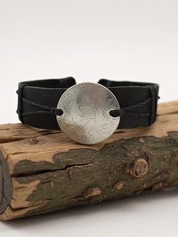 Handcrafted Coin Bracelet from Guatemala - Adjustable Black Leather Cuff