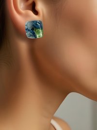 Blue Dichroic Glass Stud Earrings - Unique Handmade Jewelry