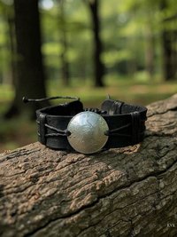 Handcrafted Coin Bracelet from Guatemala - Adjustable Black Leather Cuff