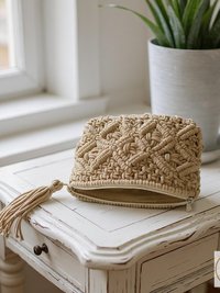 Tan Macramé Clutch Bag - Boho Bag, Summer Purse