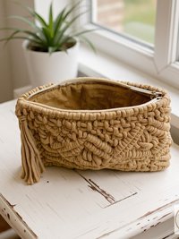 Tan Macramé Clutch Bag - Boho Bag, Summer Purse