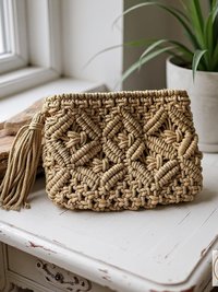Tan Macramé Clutch Bag - Boho Bag, Summer Purse