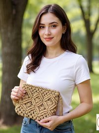Tan Macramé Clutch Bag - Boho Bag, Summer Purse