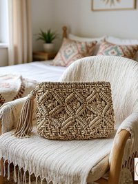 Tan Macramé Clutch Bag - Boho Bag, Summer Purse