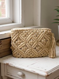 Tan Macramé Clutch Bag - Boho Bag, Summer Purse