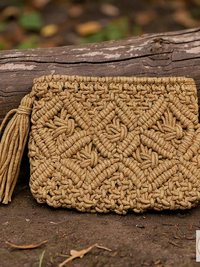 Tan Macramé Clutch Bag - Boho Bag, Summer Purse