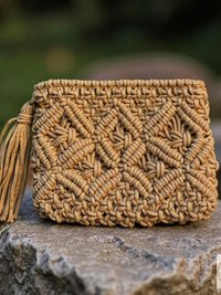 Tan Macramé Clutch Bag - Boho Bag, Summer Purse