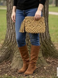 Tan Macramé Clutch Bag - Boho Bag, Summer Purse