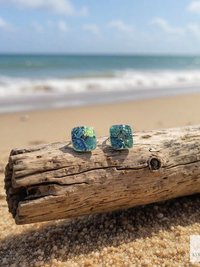 Blue Dichroic Glass Stud Earrings - Unique Handmade Jewelry