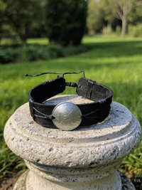 Handcrafted Coin Bracelet from Guatemala - Adjustable Black Leather Cuff