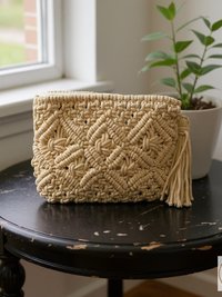 Tan Macramé Clutch Bag - Boho Bag, Summer Purse