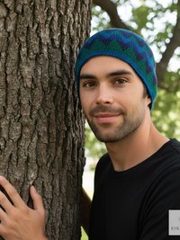 Blue Zig Zag Kufi Skull Cap - Crocheted Beanie Hat, Ethically sourced