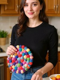 Colorful Felt Ball Trivet: Boho Chic Table Decor, Handmade in Nepal