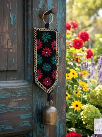 Handmade Bell on Crocheted Fabric with Mirror Work - Unique Artisan-made Wall Hanging