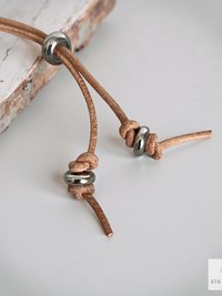 Boho Leather & Silver Choker Bead Necklace - Adjustable Minimalist Style