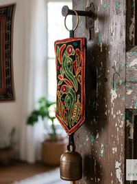 Handmade Bell on Crocheted Fabric with Mirror Work - Unique Artisan-made Wall Hanging