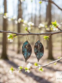 Patina Brass Leaf Earrings - Rustic Boho Jewelry