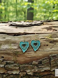 Rustic Patina Brass Heart Sunburst Earrings: Boho Jewelry