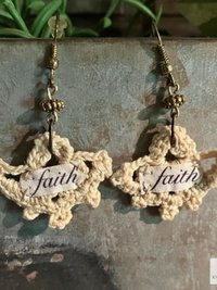 Crochet Dangle Earrings – Vintage Fabric, Inspirational "Faith" Boho Jewelry
