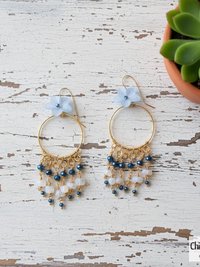 Blue Flower Hoop Dangle Earrings