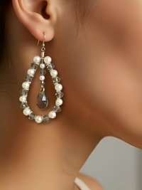 Silver Jet and Pearl Swarovski Crystal Pear Earrings