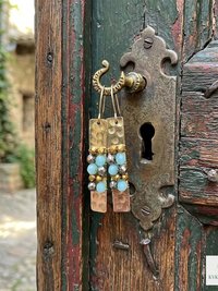 Boho Gold Bar Earrings with Beaded Accents & Wire Wrapping - Handcrafted Mixed Media Jewelry