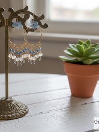 Blue Flower Hoop Dangle Earrings
