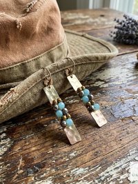 Boho Gold Bar Earrings with Beaded Accents & Wire Wrapping - Handcrafted Mixed Media Jewelry