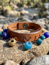 Artisan Leather & Glass Bead Slim Cuff - Handcrafted Boho Jewelry