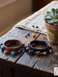 Artisan Leather & Glass Bead Slim Cuff - Handcrafted Boho Jewelry