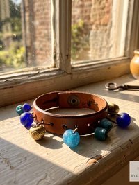 Artisan Leather & Glass Bead Slim Cuff - Handcrafted Boho Jewelry