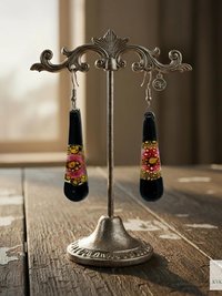 Handcrafted Black Fused Dichroic Glass Earrings - Boho Teardrop Dangle Earrings
