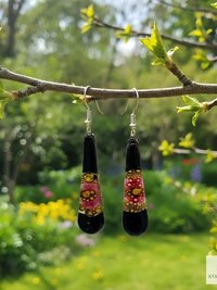 Handcrafted Black Fused Dichroic Glass Earrings - Boho Teardrop Dangle Earrings