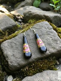 Handcrafted Black Fused Dichroic Glass Earrings - Boho Teardrop Dangle Earrings