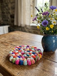 Colorful Wool Felt Ball Trivet, Boho Kitchen Hot Pad, Handwoven Table Pot Holder