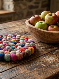 Colorful Wool Felt Ball Trivet, Boho Kitchen Hot Pad, Handwoven Table Pot Holder