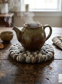 Mixed Gray Wool Felt Ball Trivet, Boho Kitchen Hot Pad, Coaster Table Pot Holder